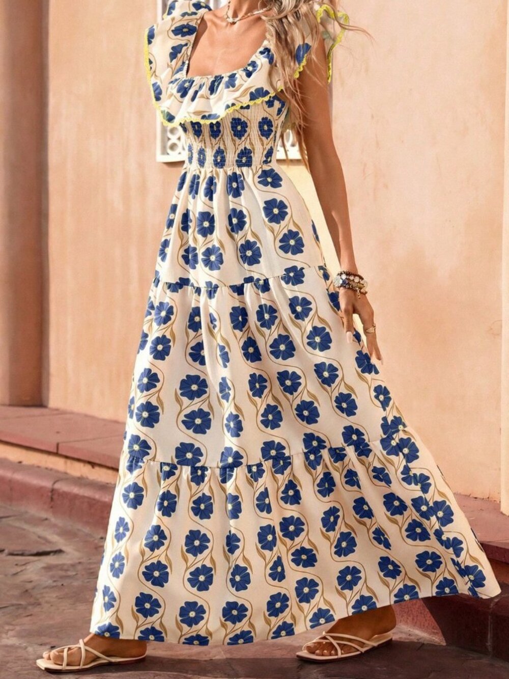 Navy Blue Boho Women's Elegant Long Dress with Ruffle - Picture 5 of 7